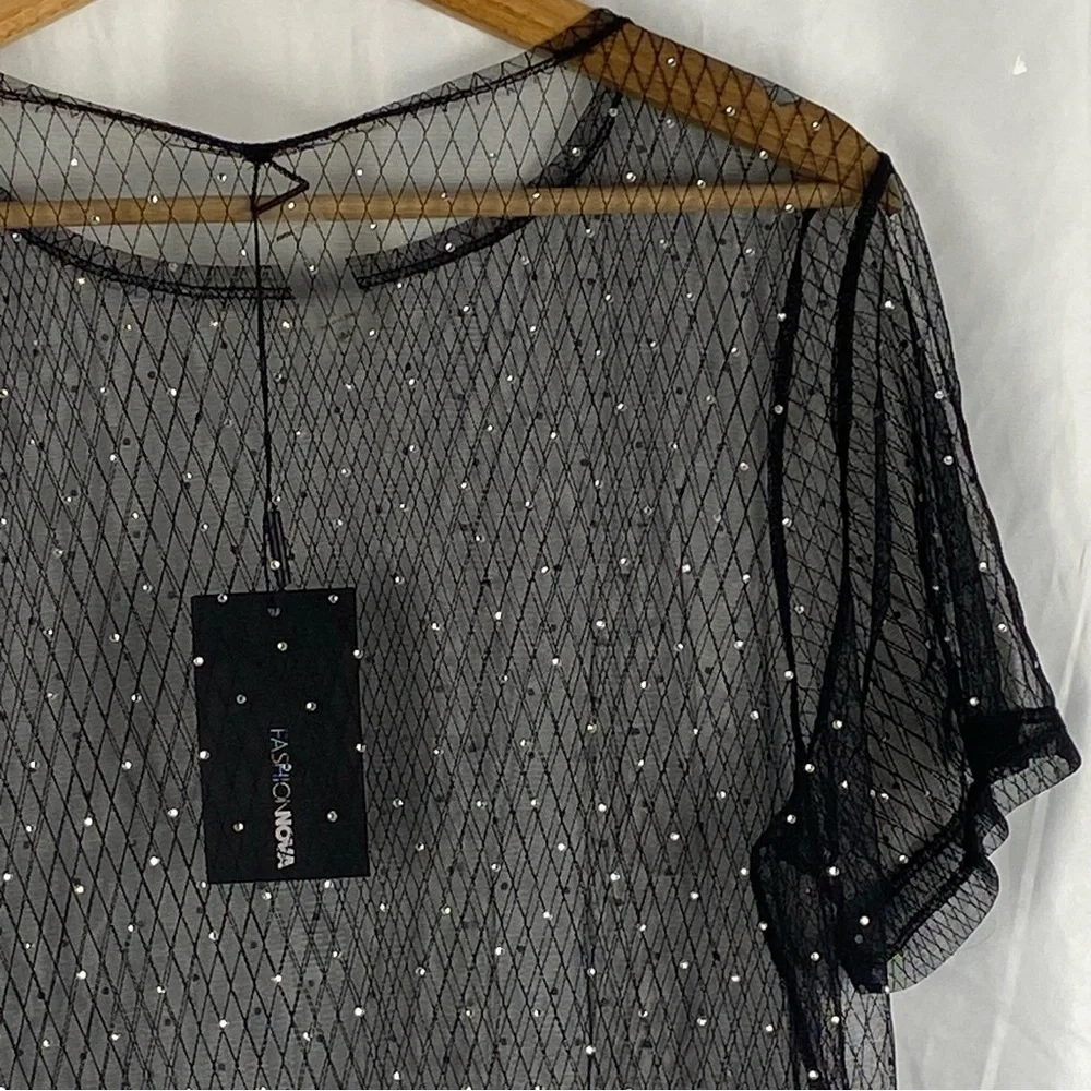 Fashion Nova Black Sheer Short Sleeve Dress with Silver Accents Size Medium - Picture 12 of 16